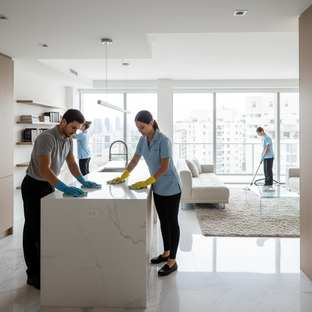 Professionnels de nettoyage en action dans un appartement moderne à Liège